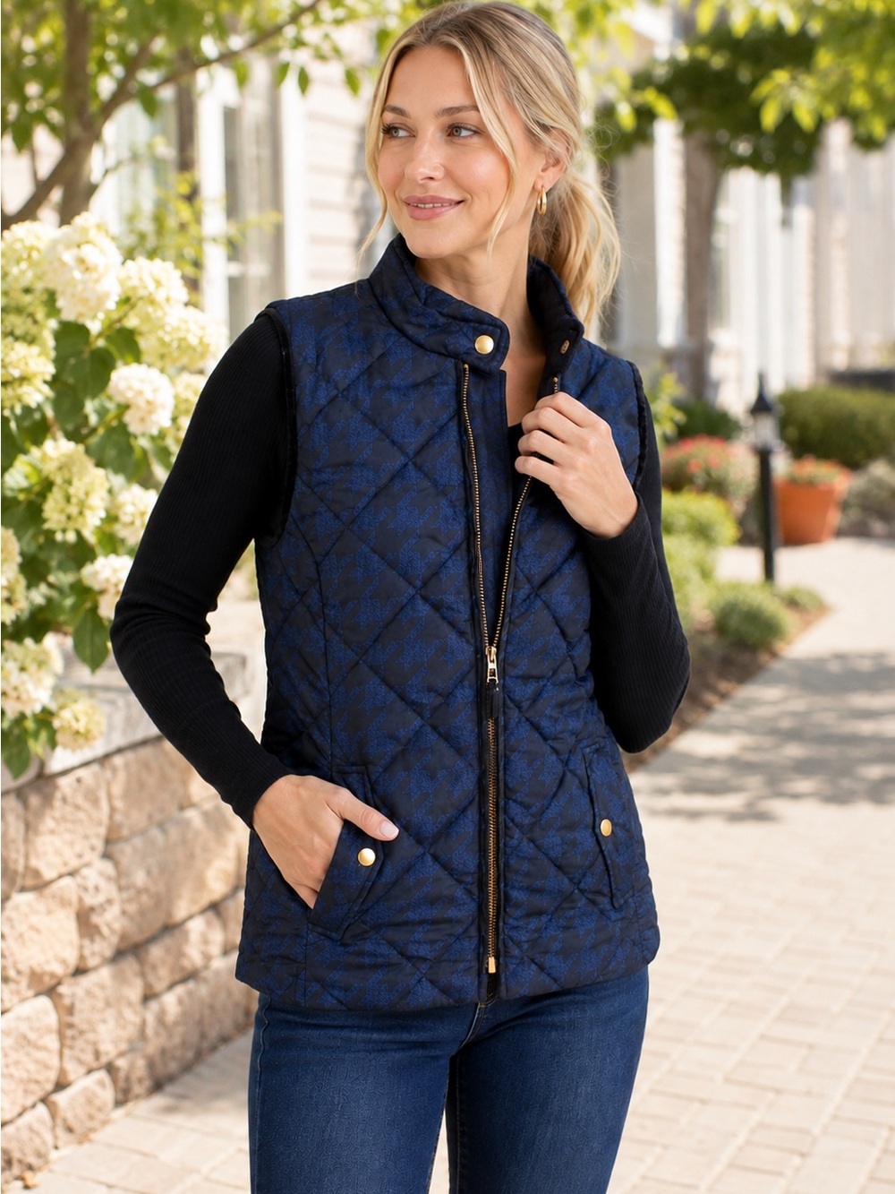 Quilted Navy Stand-Collar Vest